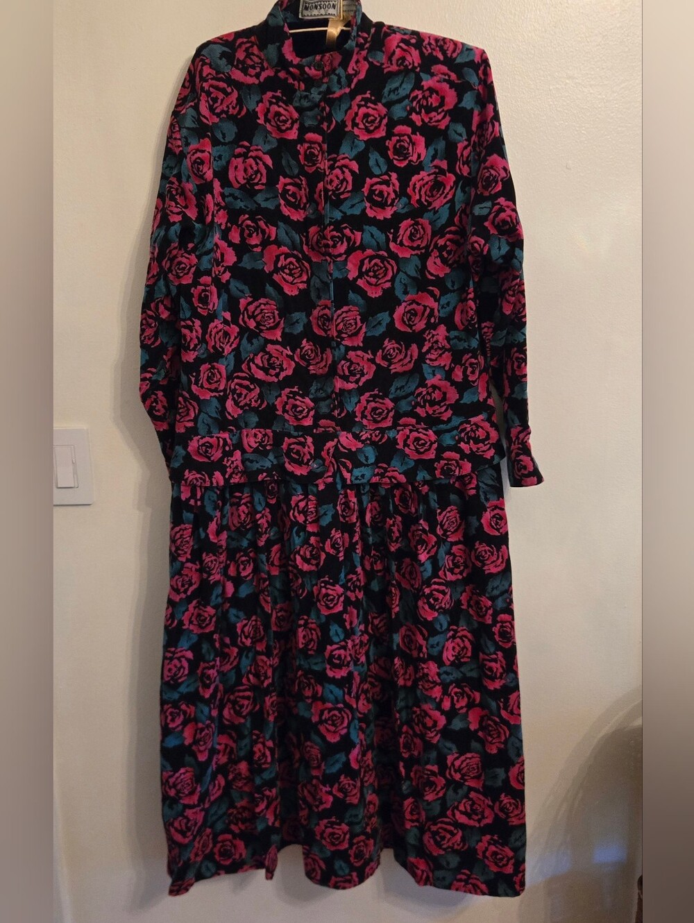 Monsoon Vintage 80s 90s Corduroy Floral Midi Dress Drop Waist Peplum Rose Print